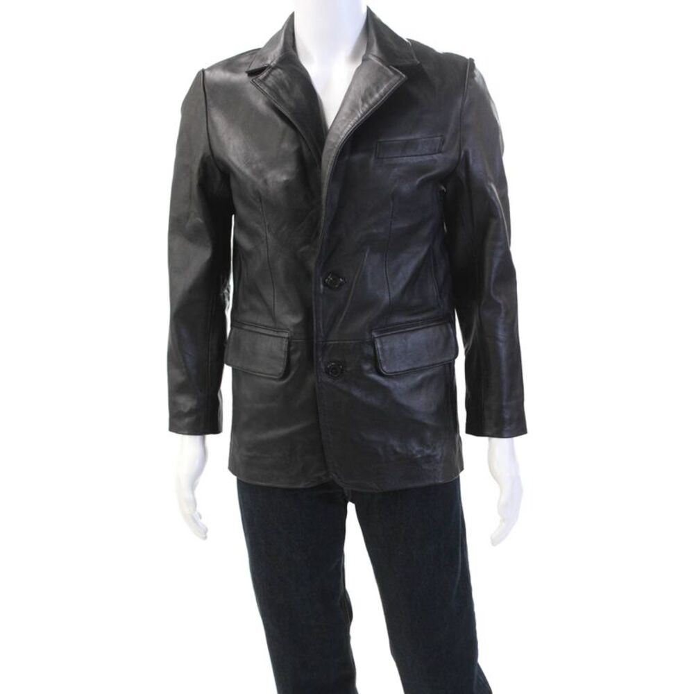 Jaklez Mens Leather Notched Collared Long Sleeve Blazer Jacket Black Size S